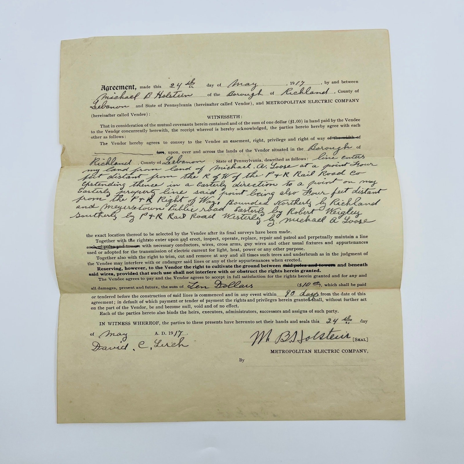 1917 Metropolitan Electric Company Contract Lebanon PA SC2