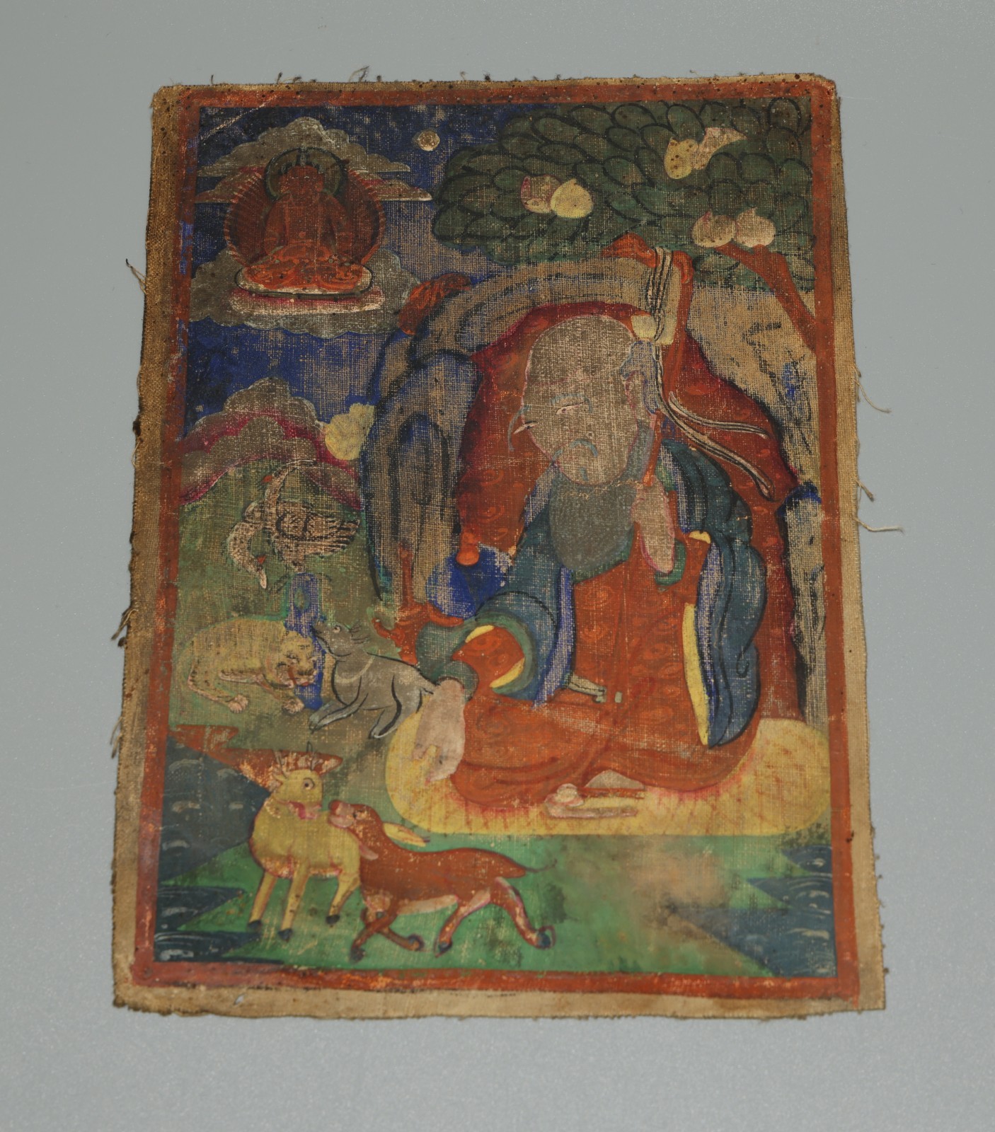 Real Tibet 19th Century Old Antique Buddhist Tsaklis Thangka God of Longevity