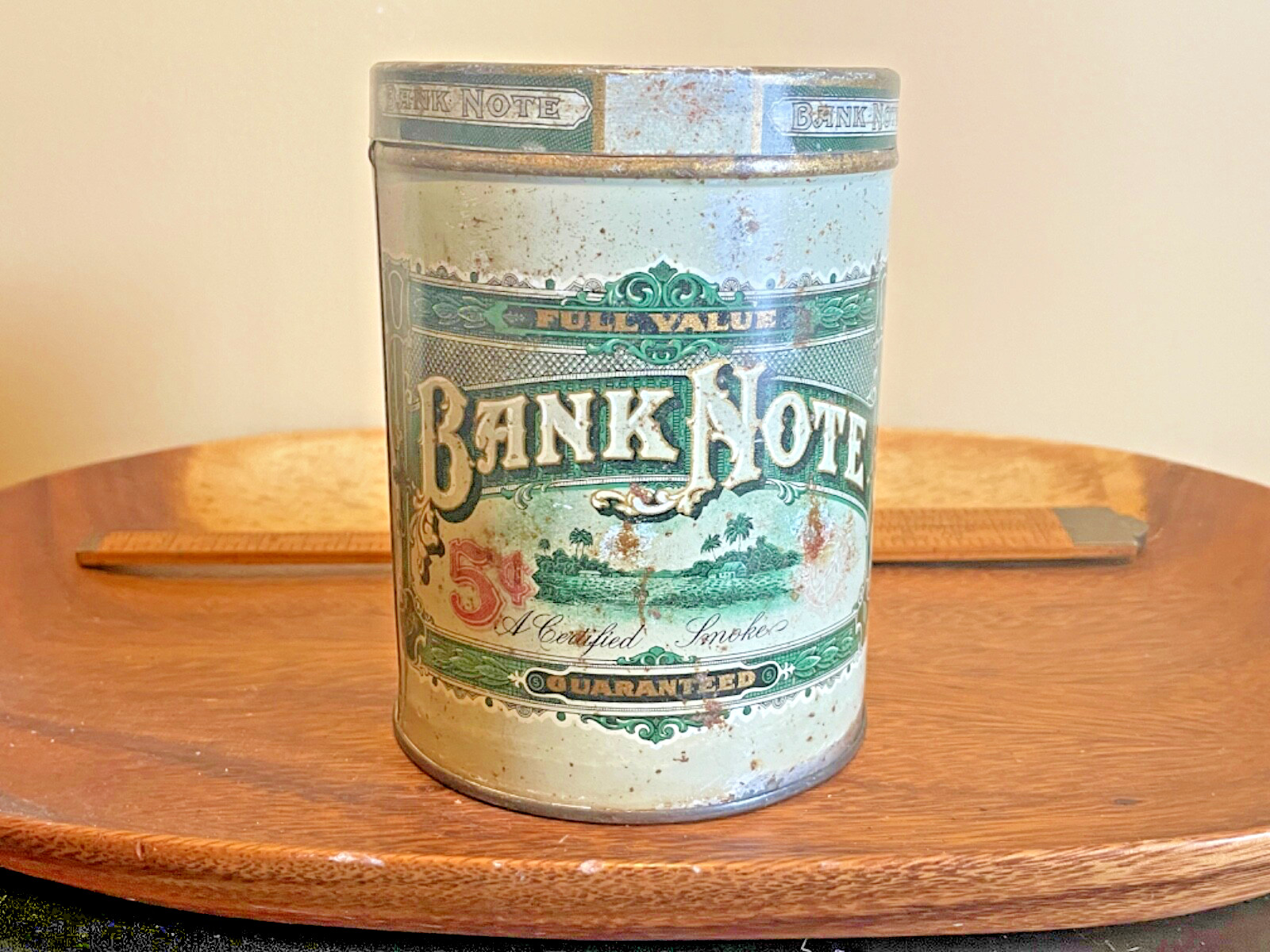 Rare Vintage EMPTY Bank Note Round Tobacco Tin Advertising Tin Made USA--1468.24