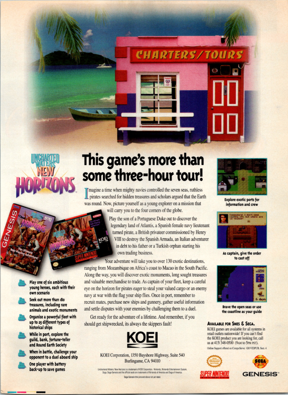 KOEI Uncharted Waters New Horizons 1994 Vintage Magazine Print Ad SNES Sega