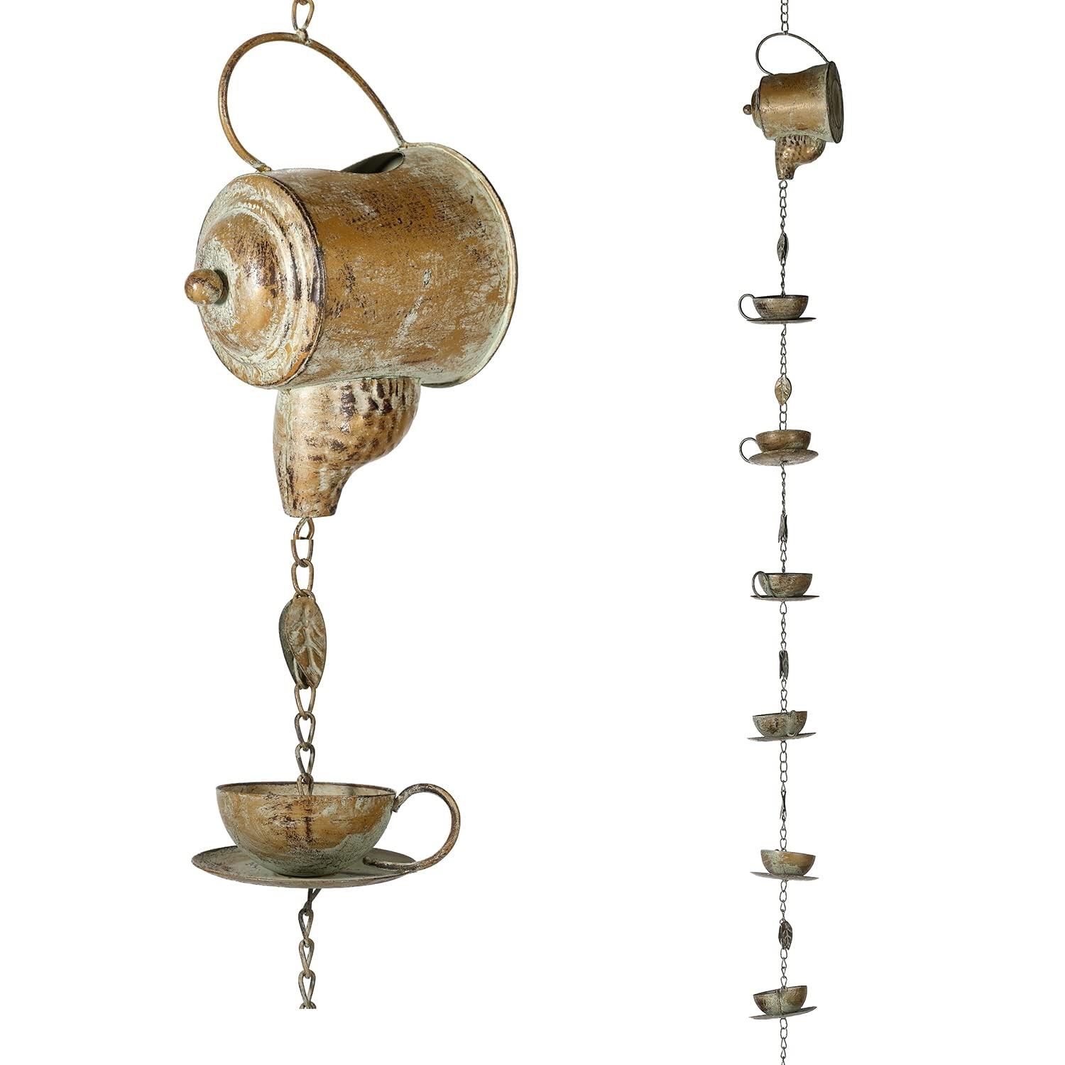 Jemeni Teapot & Teacups Rain Chain, 12ft Metal Gutter Downspout Replacement