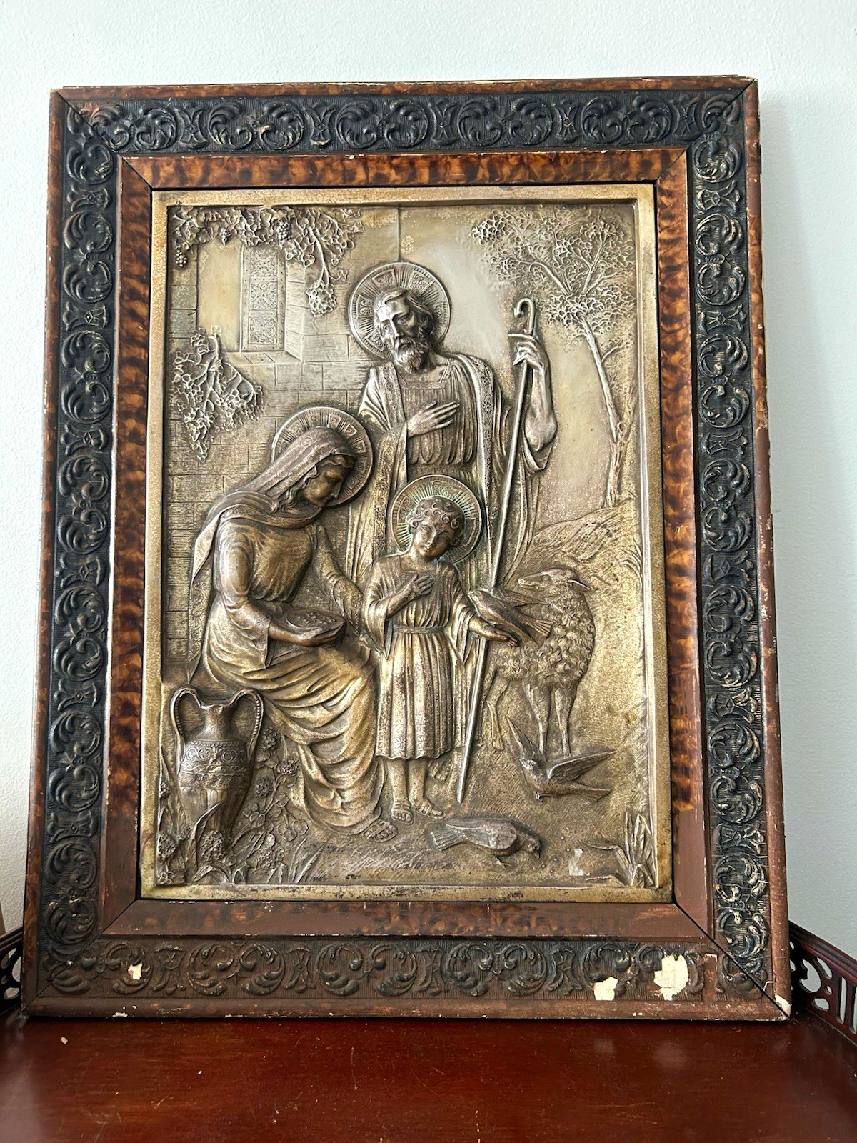 Framed Christian Holy Family Relief Icon Wall Art in Ornate Wood Frame