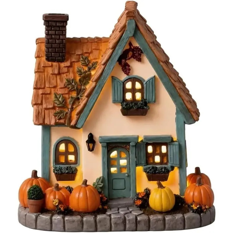 Lighted Fall Village House Decor Resin Pumpkin Cottage LED Scary Halloween Decor