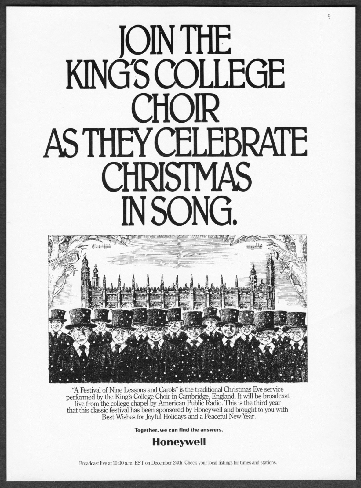 1986 King's College Choir England portrait Honeywell Christmas vintage print ad