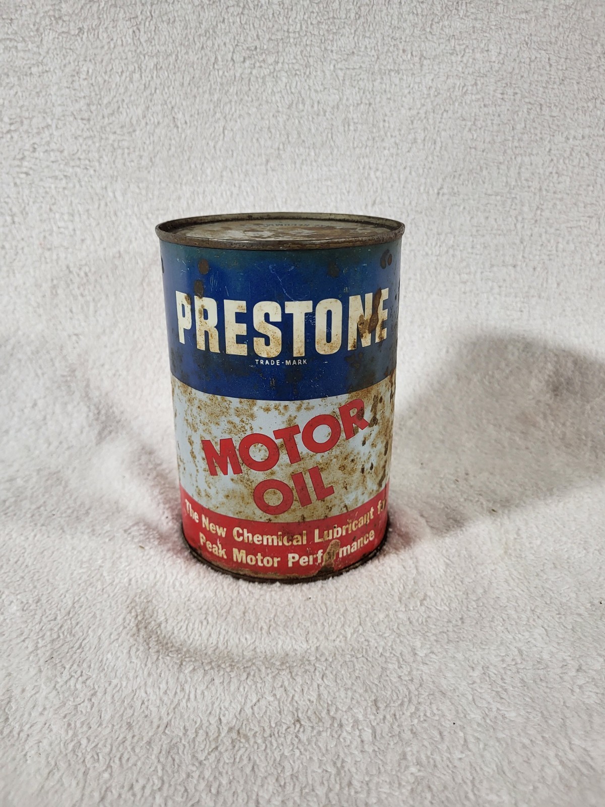Rare Antique 1940s Prestone Synthetic Motor Oil Can 1 Qt FULL National Carbon Co