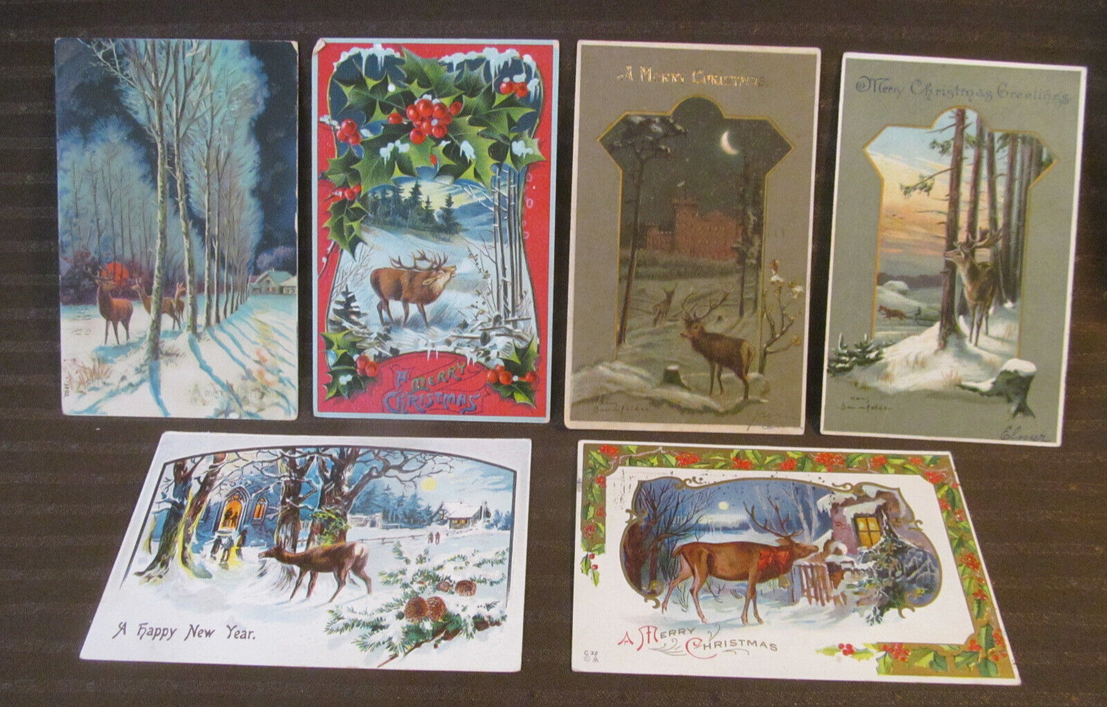 Lot of 6~All Christmas Deer Reindeer Woodsy Antique Embossed Postcards 1906-1913