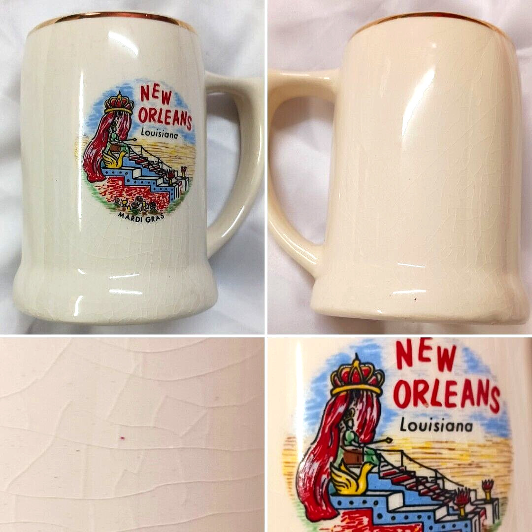 NEW ORLEANS MARDI GRAS PARADE COFFEE CUP MUG TEA GOLD INLAY W/CRACKED UP LOOK