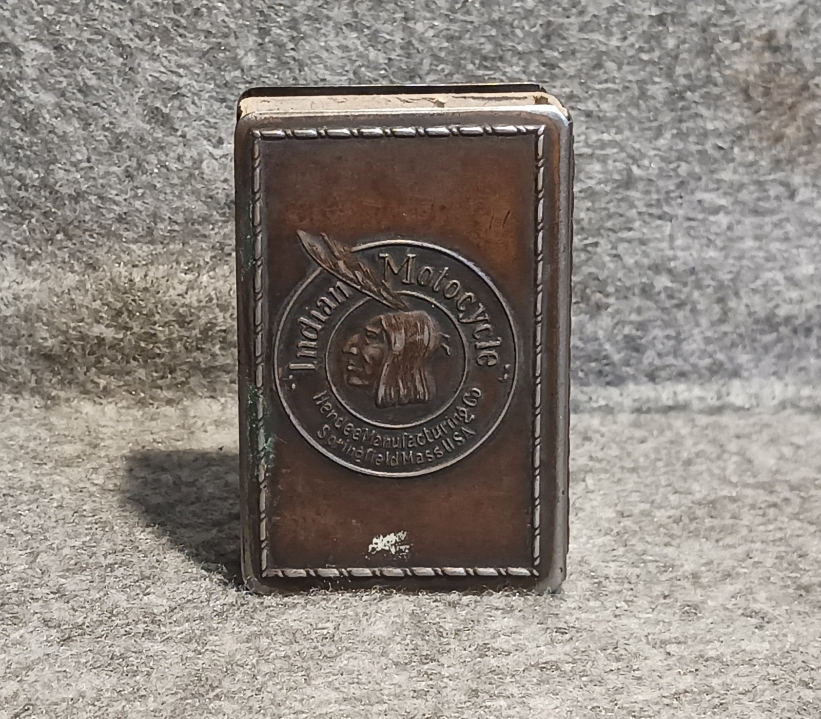 Antique 1915 Indian Motorcycle Matchbox Holder Sleeve Hendee Mfg Mergott NJ
