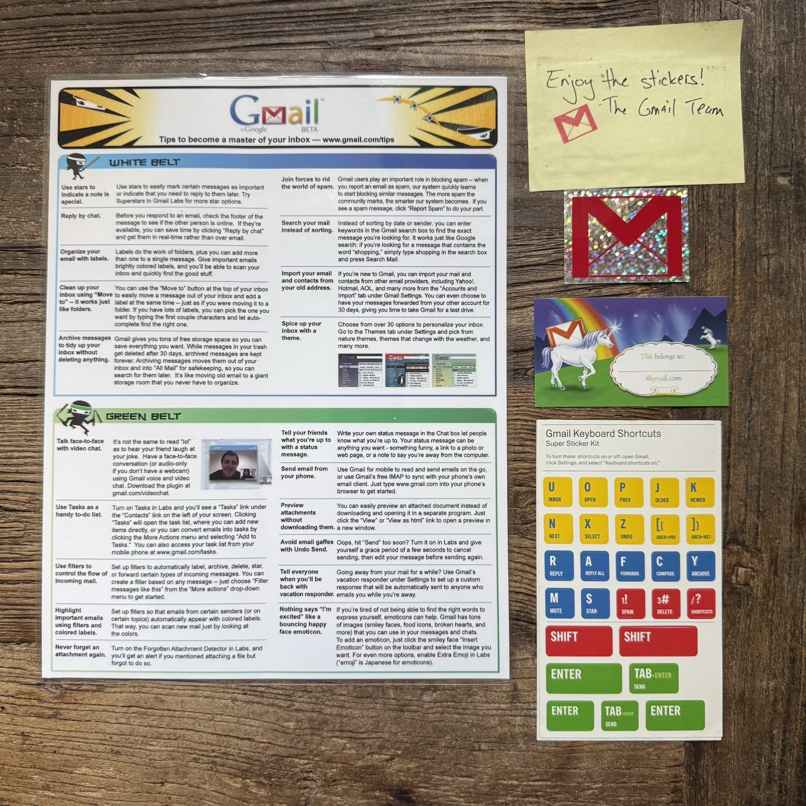 Rare Vintage 2008 Google Gmail Stickers, Keyboard Shortcuts and Tips Sheet