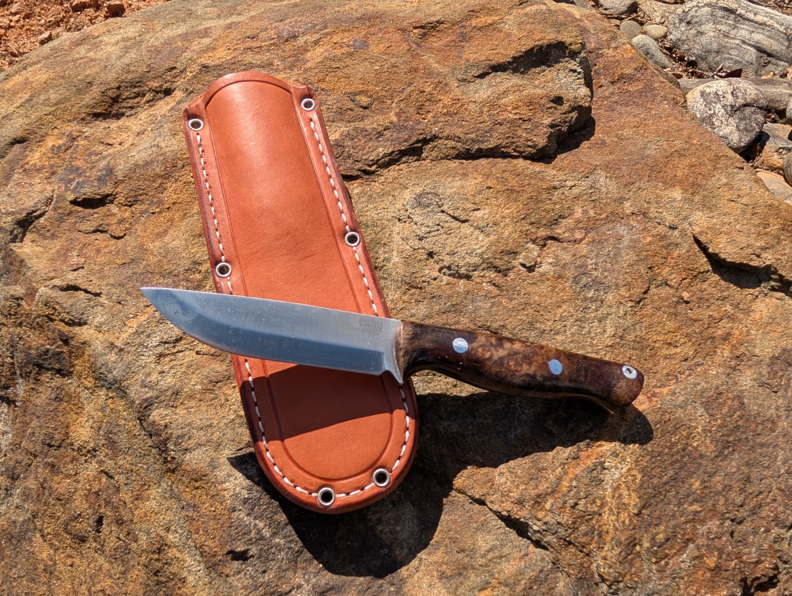 Bark River Gunny — CPM 3V / Mocha Chocolate Maple Burl / Silver Pins