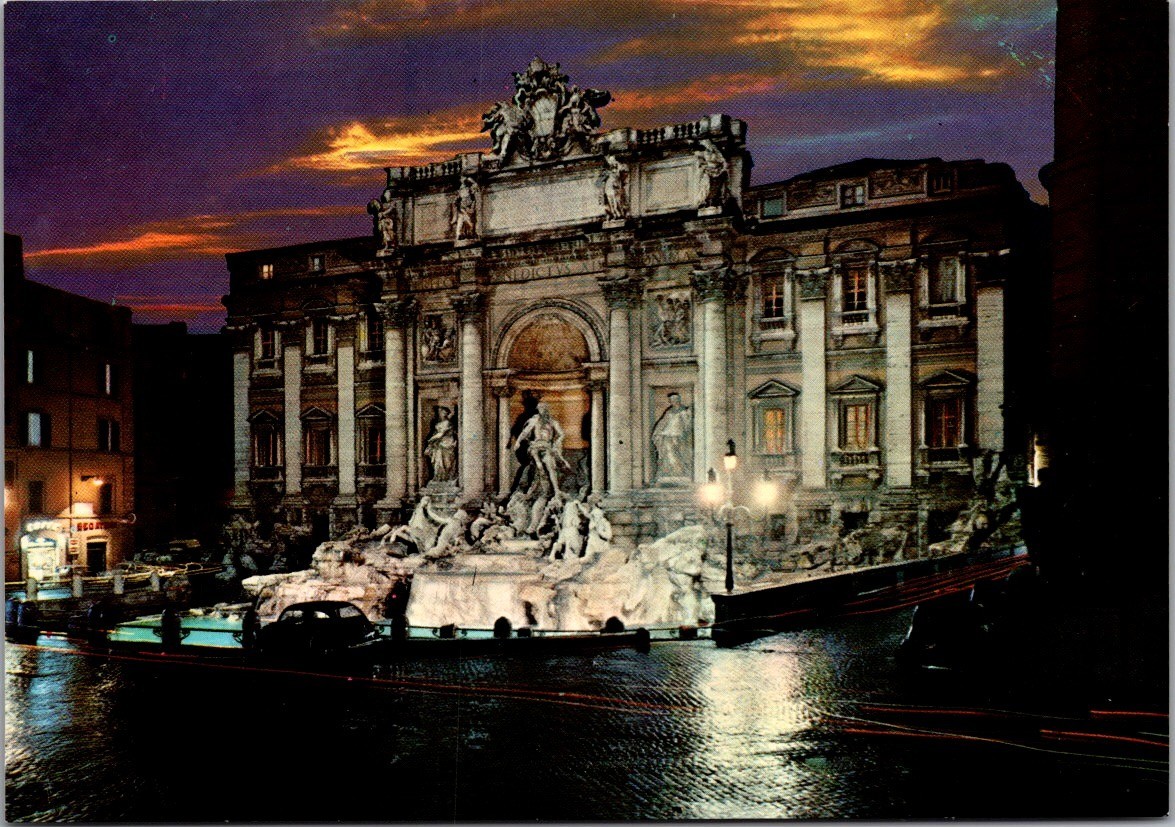 Rome Italy Trevi Fountain at Night Sunset Lights Landmark Postcard