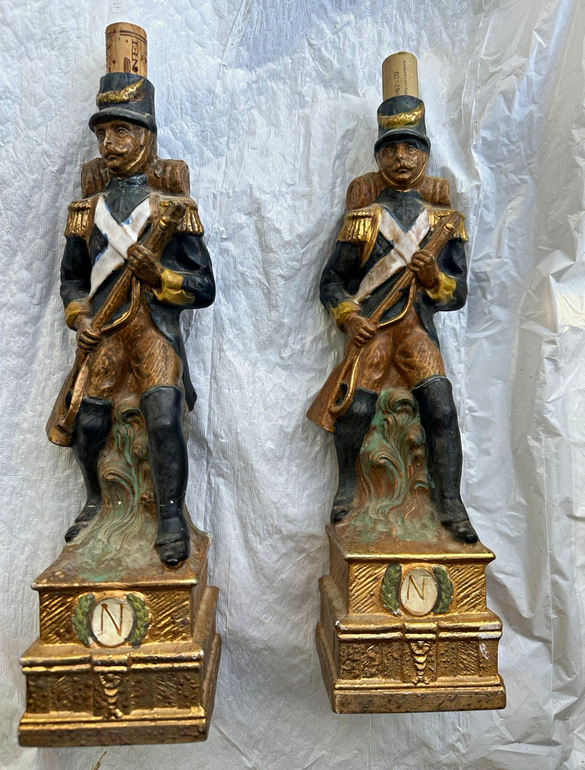 VINTAGE PAIR ITALIAN WINE DECANTERS NEPOLEONIC SOLDIERS RIFLEMAN DRUMMER CERAMIC