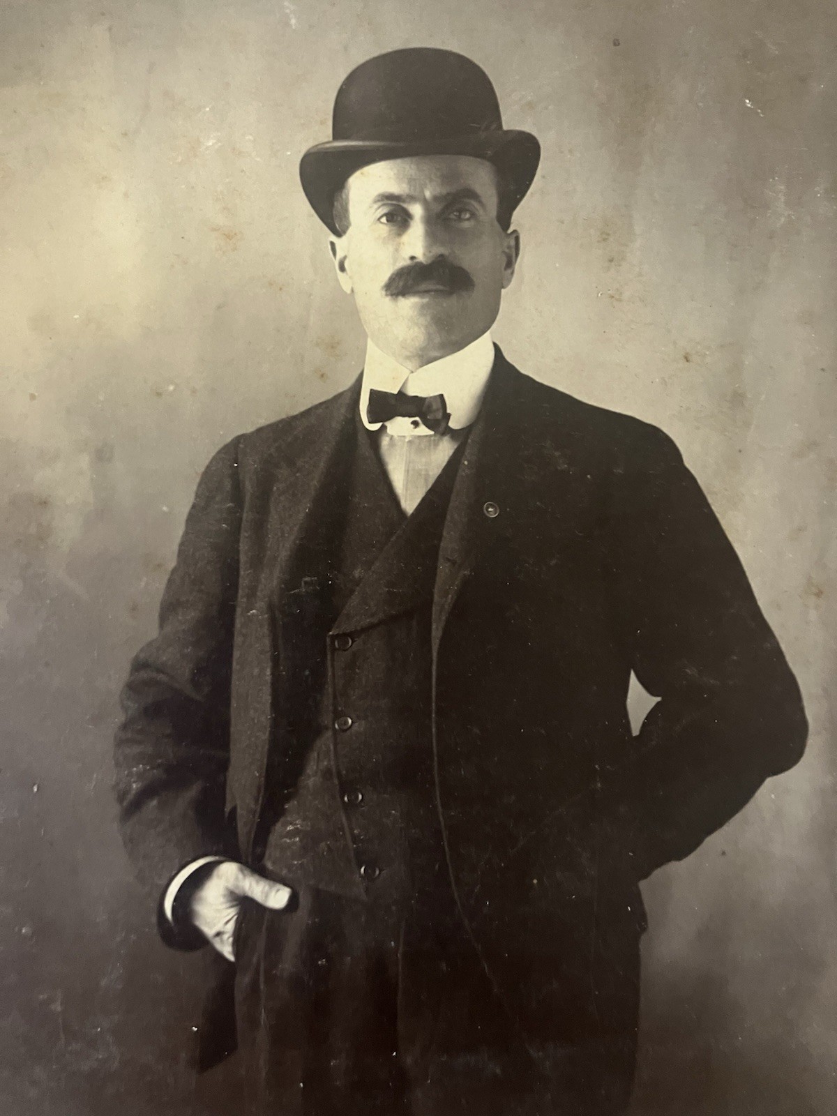 Dashing Man Mustache Bowler Hat And Formal Suit Antique Photo On Board 5 x7 