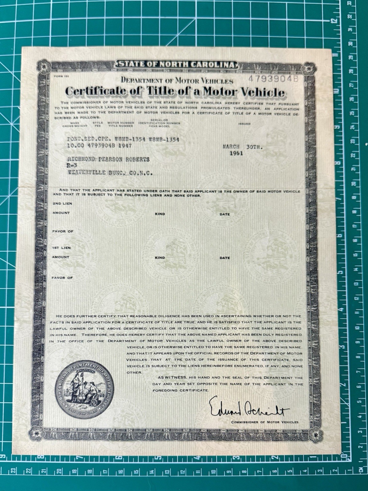 1961 North Carolina Certif Of Title Of Motor Vehicle - 1947 Pontiac Sedan Coupe