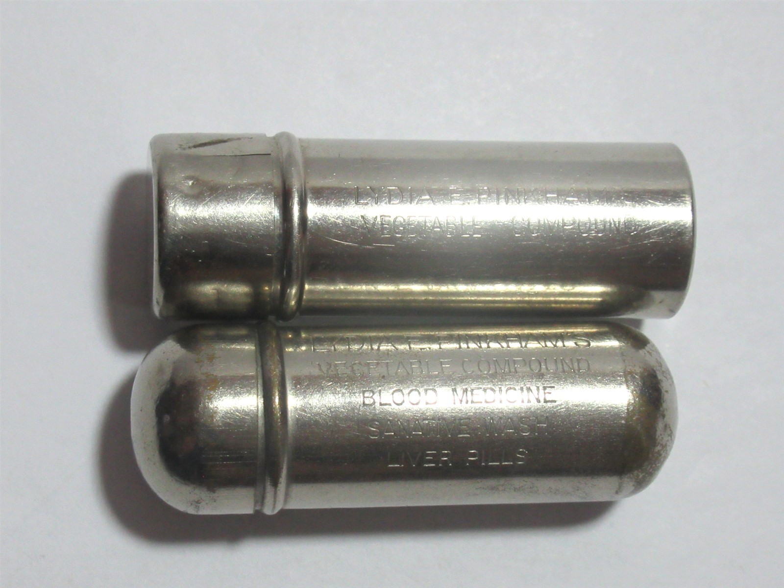 2 Vtg Lydia Pinkham\'s Vegetable Compound Advertising Metal Sewing Tube Kits