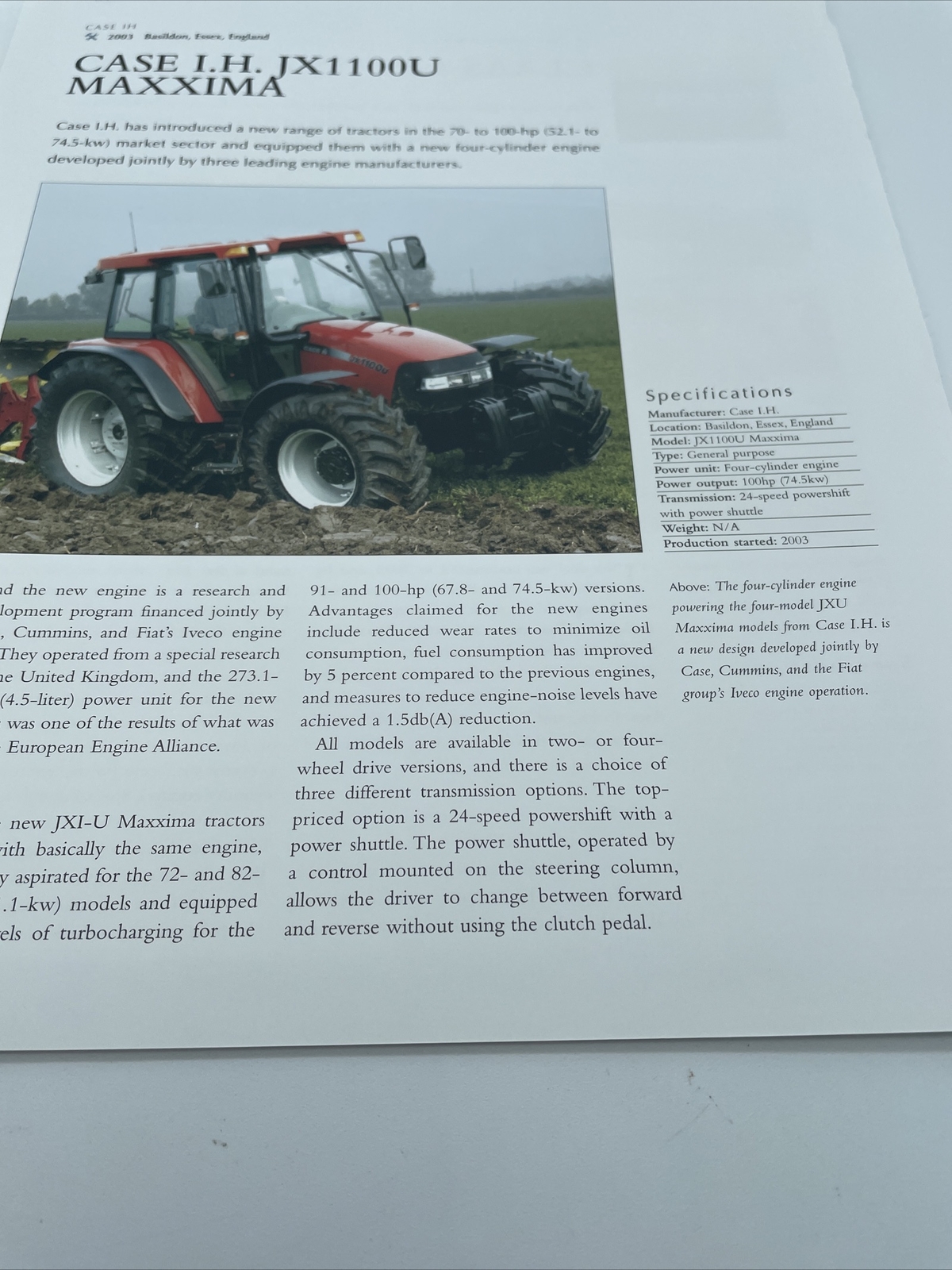2003 Case I.H. JX1100U Maxxima Tractor Frameable Article Pics Specs Display