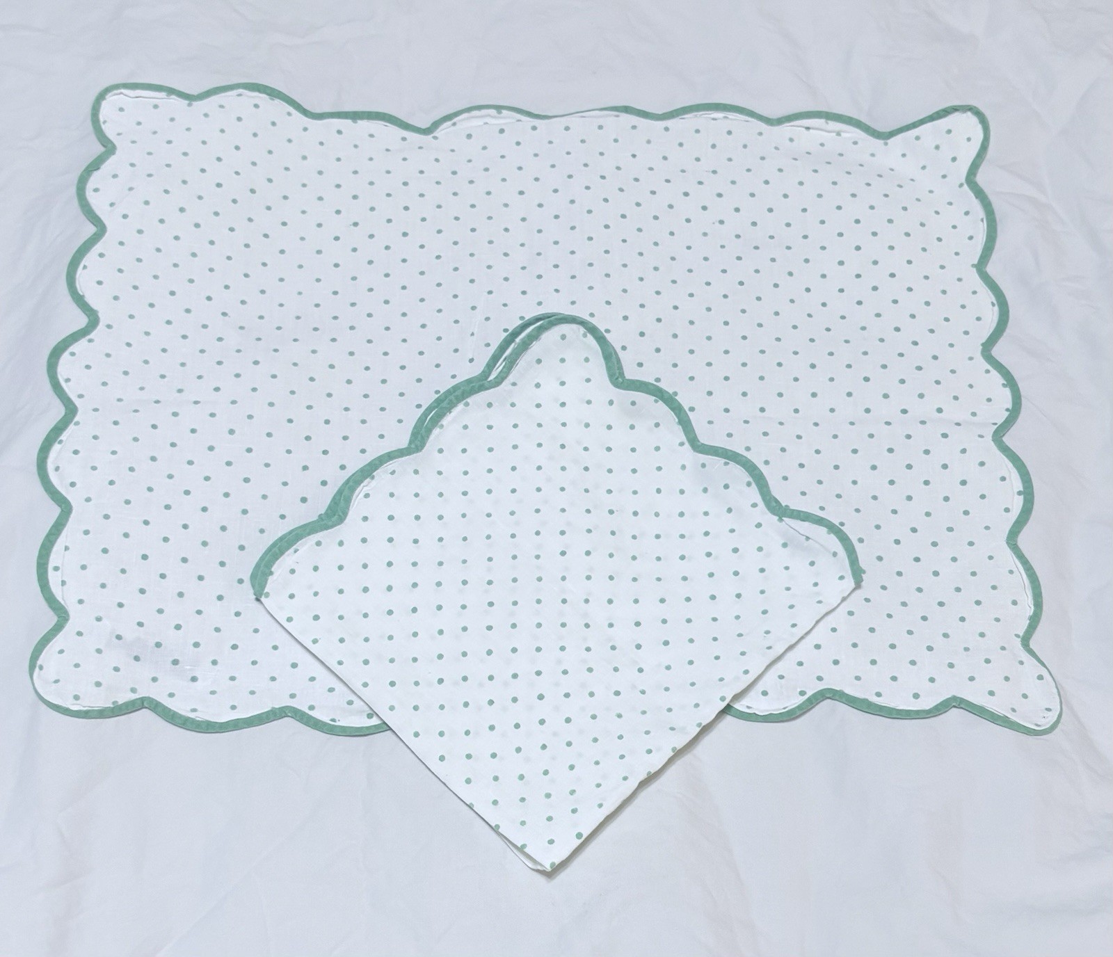 Vintage D Porthhault White & Green Polka Dots Linen 100% Flax Placemat & Napkin