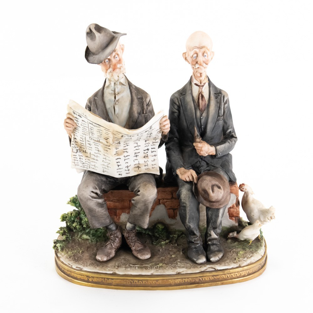 Capodimonte Giuseppe Cappe two Men Sitting on Wall SUNDAY NEWS Figure 1962