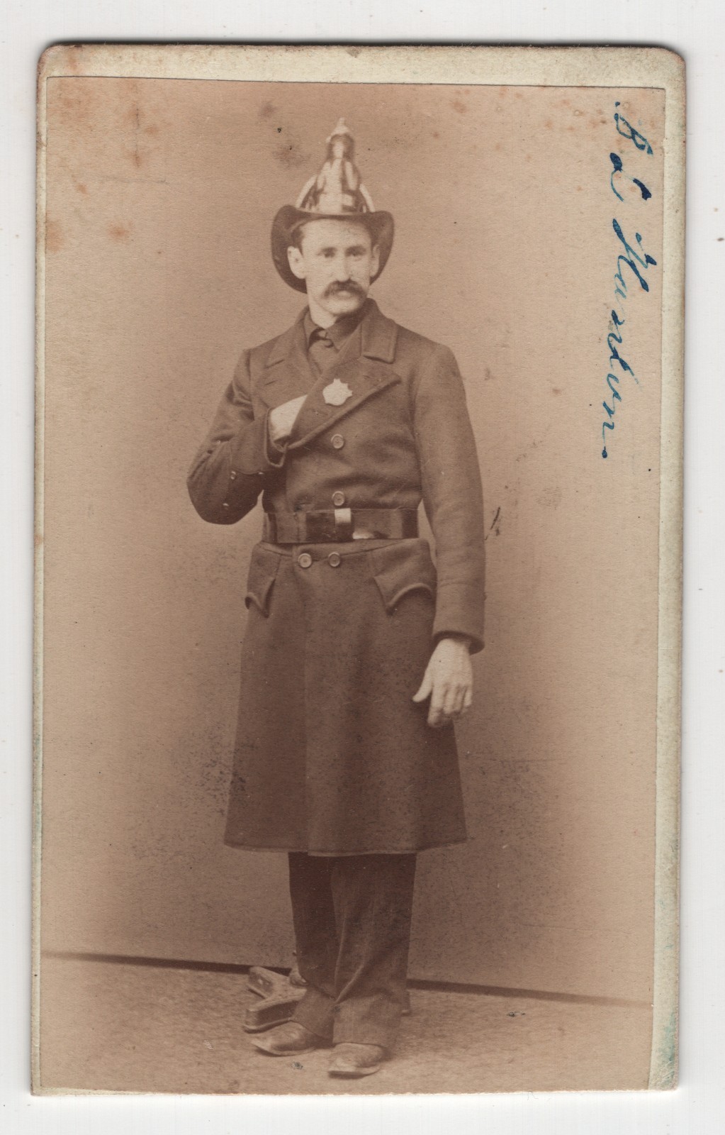 Fireman Firefighter in Uniform Helmet & Badge B.L. Hanson + Family Antique CDV