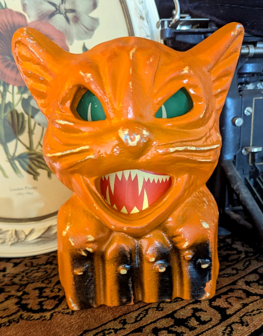 Paper Mache style Halloween Cat on a Fence Lantern 7.5