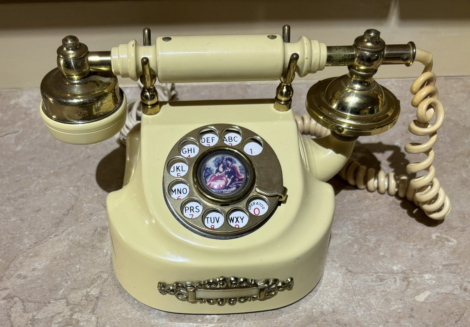 Vintage Art Deco Telephone Analog Electric Pale Yellow Gold Cords Heavy Korea