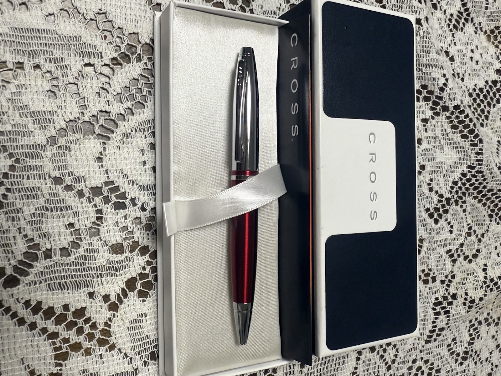 CROSS APOGEE Red lacquer/Silver Twisted Ballpoint Pen wz/Box&Manual Discontinued