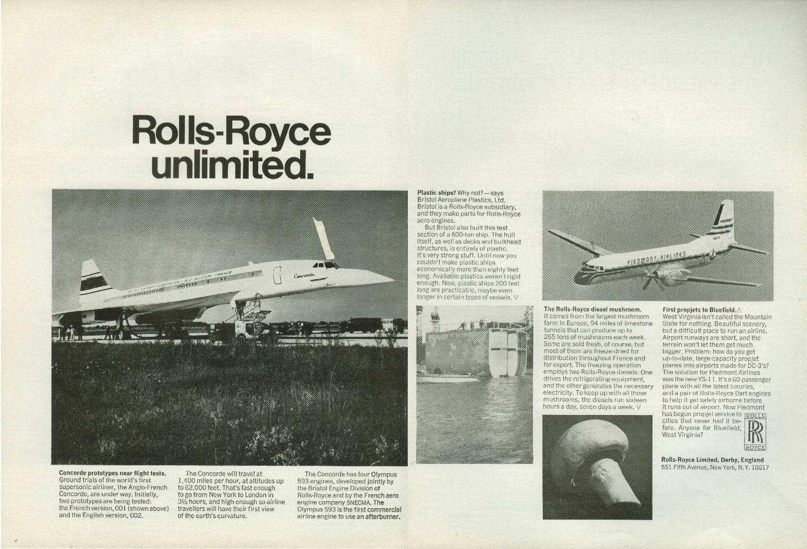 Rolls-Royce unlimited Air France Concorde Piedmont Airlines YS-11 ad 1968