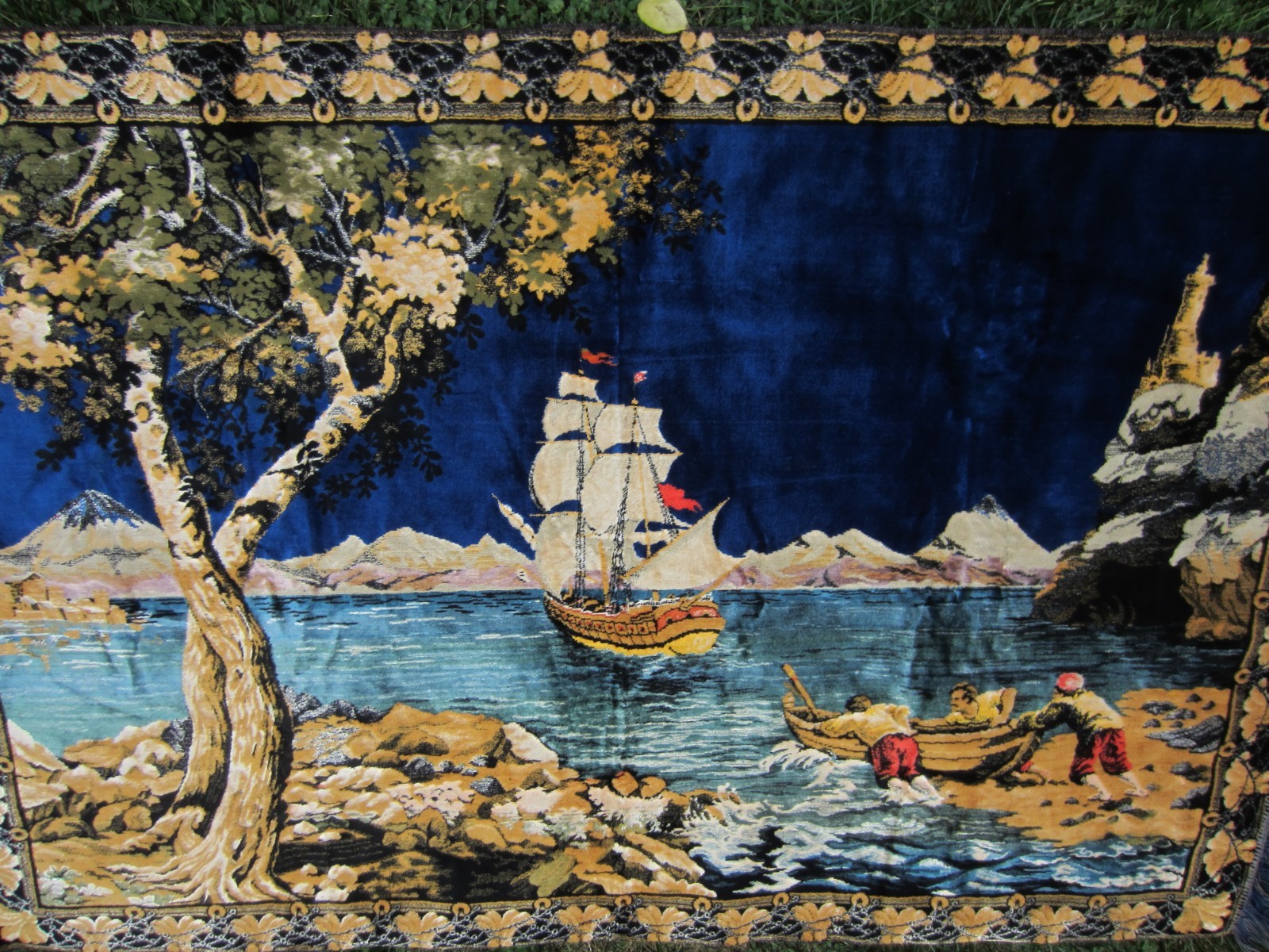 VTG~Italy~Wall Hanging Tapestry~Velvet/Cotton~Clipper Ship/BLUESea/Shore~4' x 6'