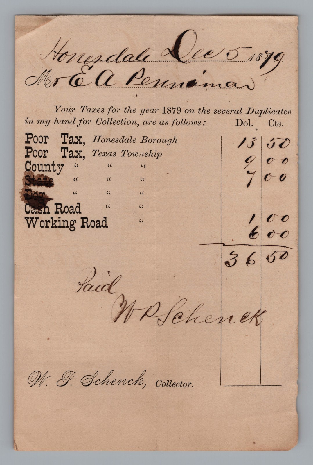 1879 Poor Tax Receipt from Honesdale, Pennsylvania, Wellfare