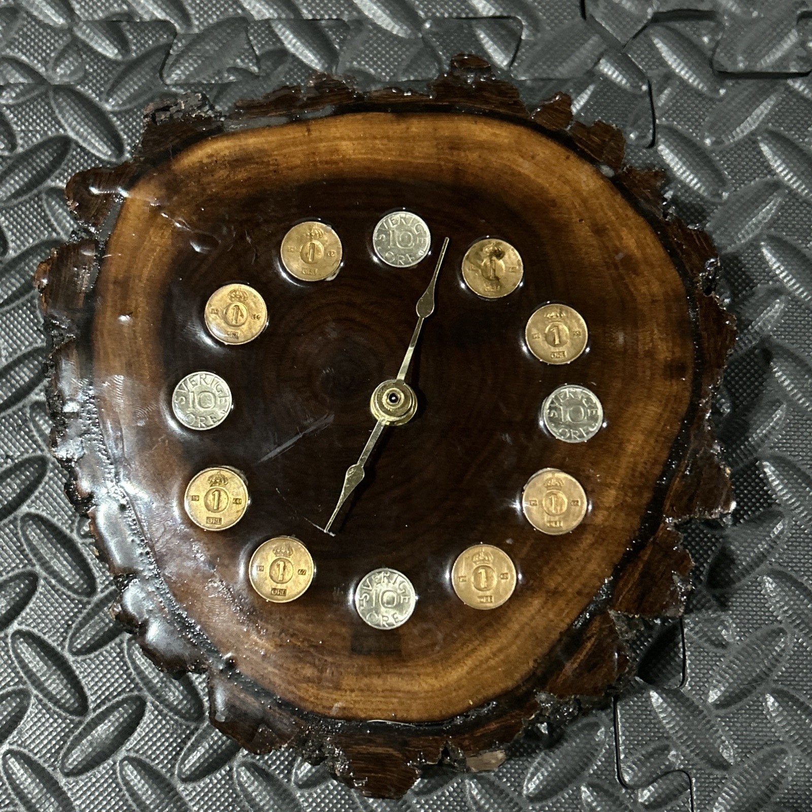 Vintage 1970s Live Edge Wood Slab Wall Clock Swedish Öre Coins Thick Tree Slice