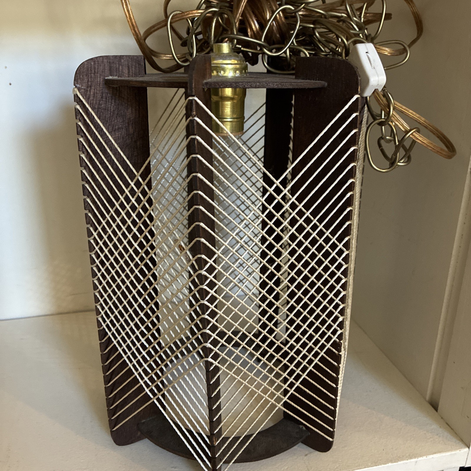 Vintage Mid Century Modern String Pendant Lamp Fixture Wood And String