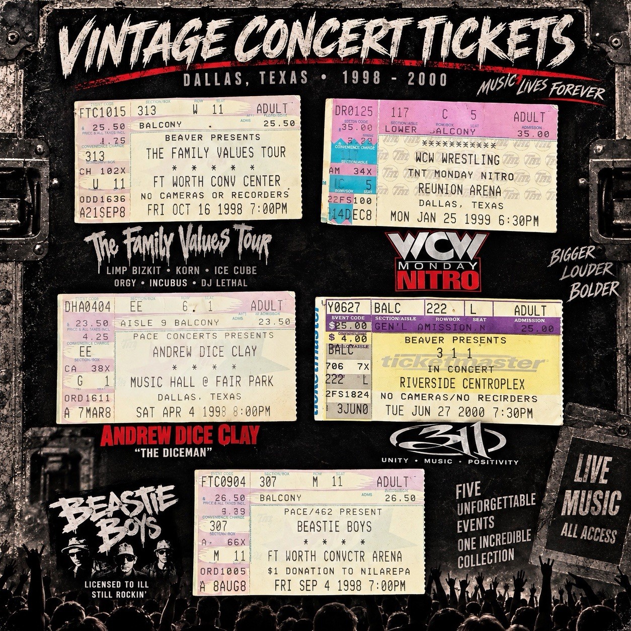 Vintage Ticket Stub Lot Beastie Boys Limp Bizkit 311 WCW Nitro 1998-2000