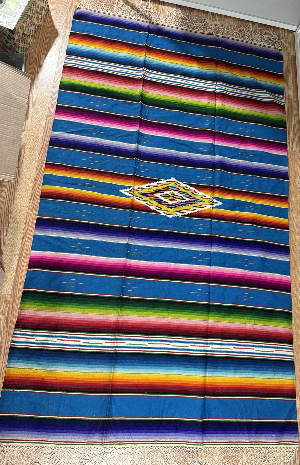 PRISTINE ANTIQUE MEXICAN SALTILLO SERAPE BLANKET RUG SHAWL 83”x47” MINT 3U