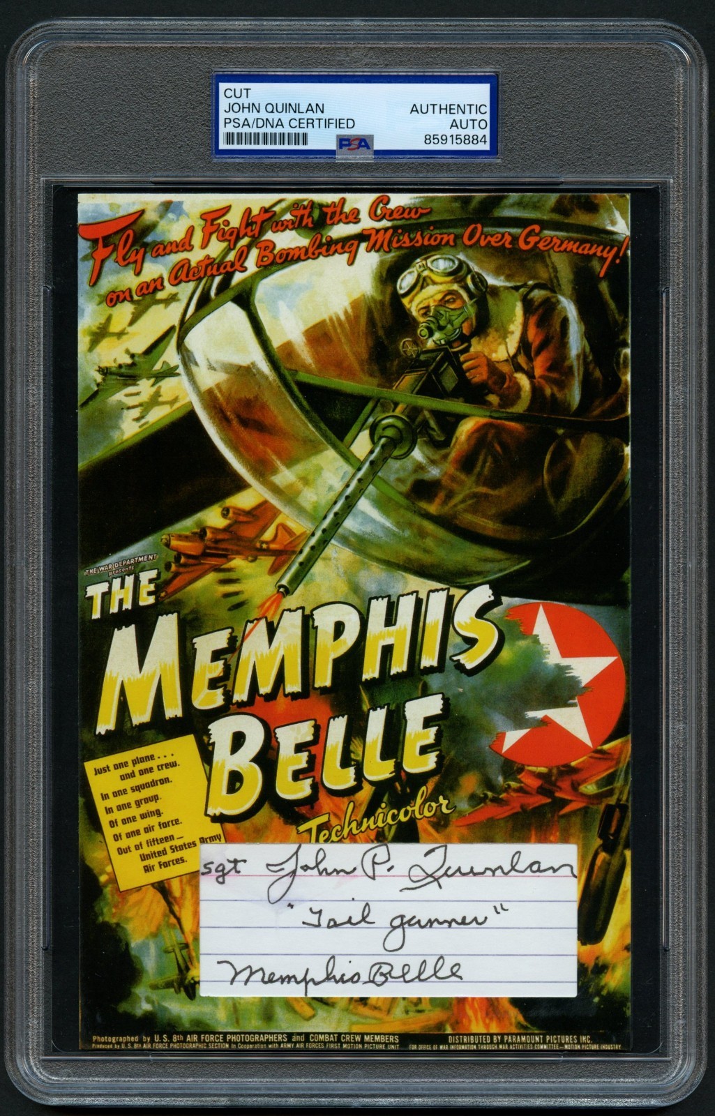 John Quinlan signed autograph 5x8 Memphis Belle Crew Member Custom Cut PSA