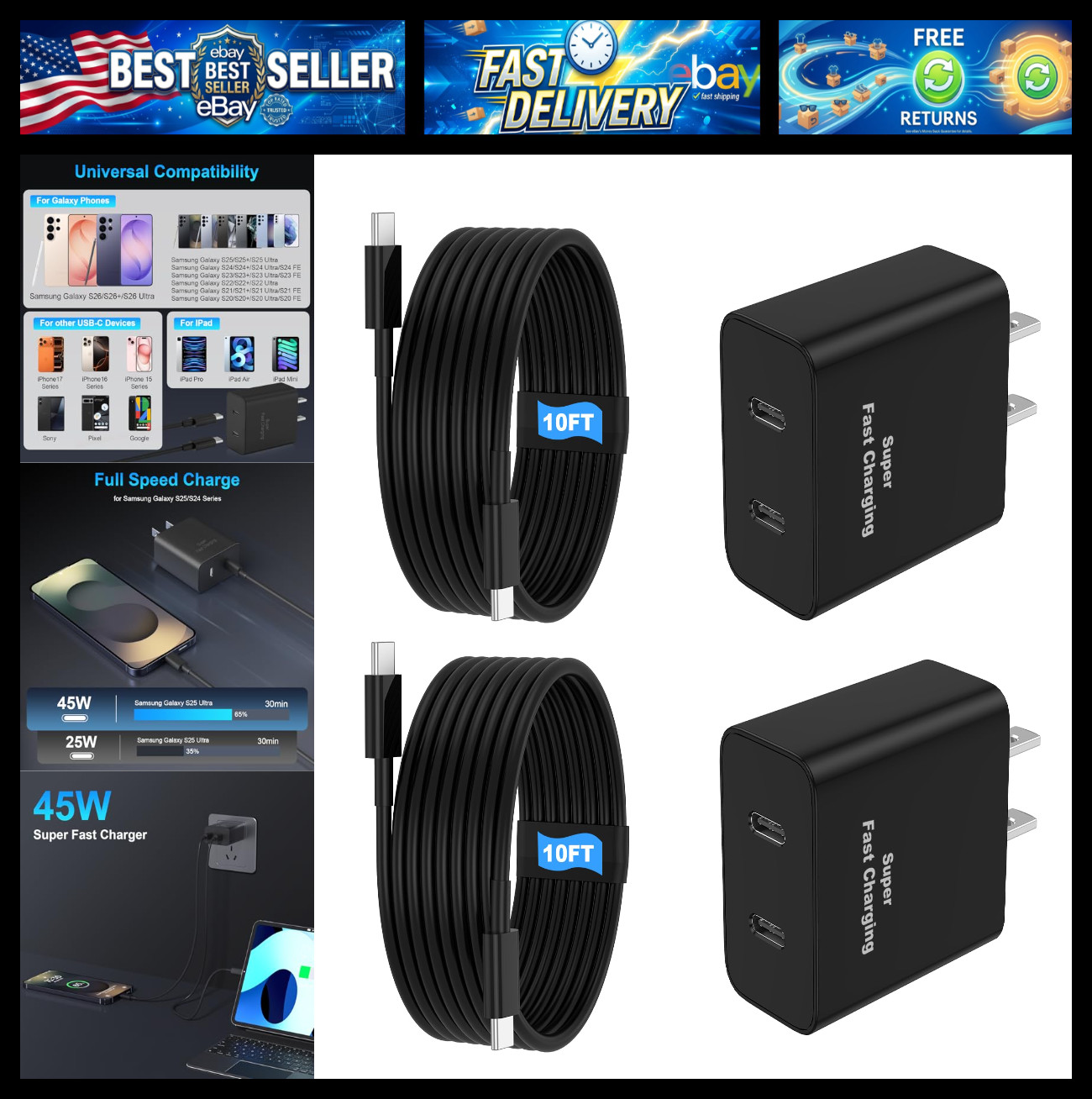 45W 2Pack Super Fast Charger USB C Dual Port Android Phone Charger Type C Fast C