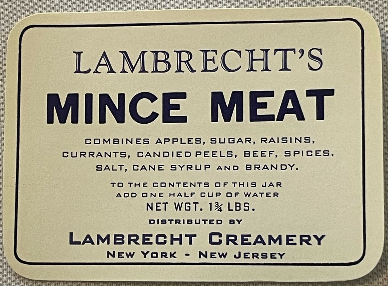 Antique Lambrecht's Mince Meat Jar Label 🏷️ Creamery NY NJ 1910s-1930s NOS