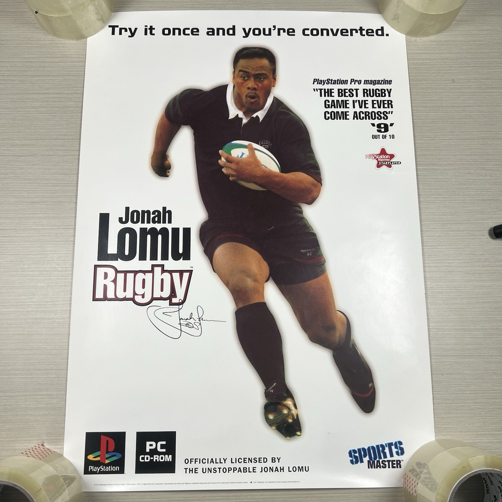 Original 1997 PlayStation 1 Jonah Lomu Rugby Promo Poster Store Display Sign PS1