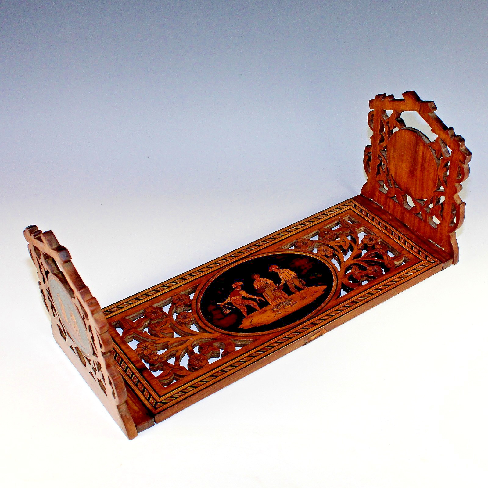 Antique Sorento Sliding Book Rack Marquetry Inlaid Wood