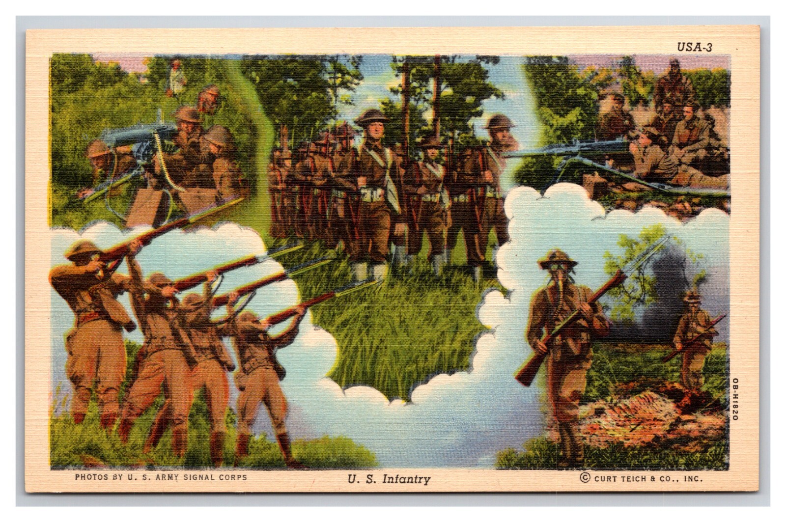 WWII Patriotic United States Army Infantry Collage UNP Linen Postcard XC5