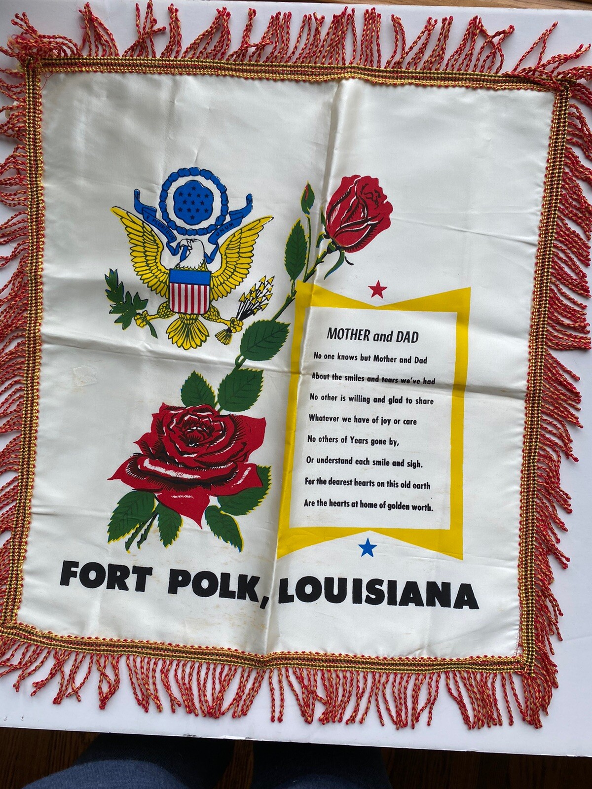 Mother Father Poem WWII Pillow Cover Fort Polk Louisiana Red Rose Patriotic