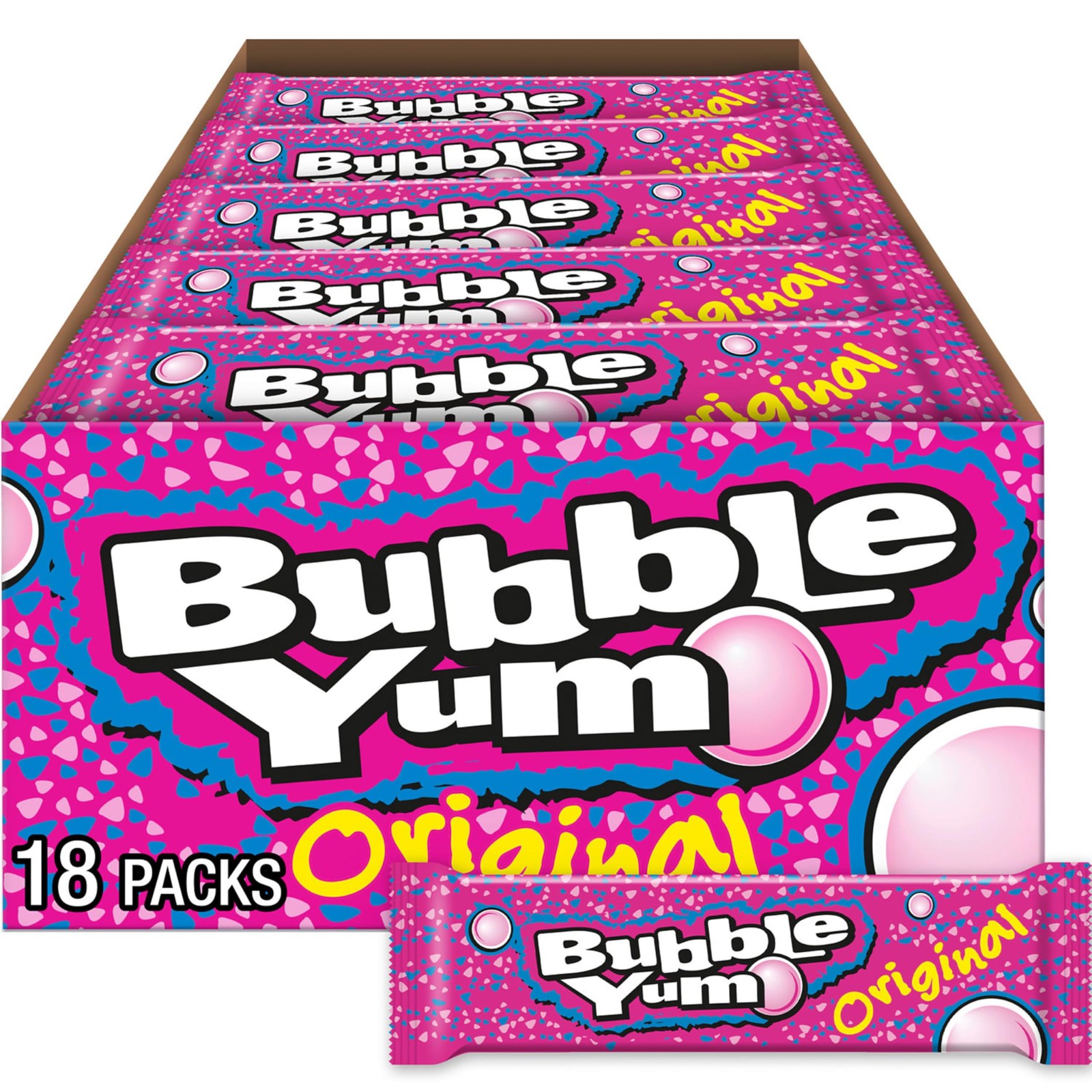 BUBBLE YUM Original Chewy, Bubble Gum Packs, 1.4 5 Count (Pack of 18), Pink