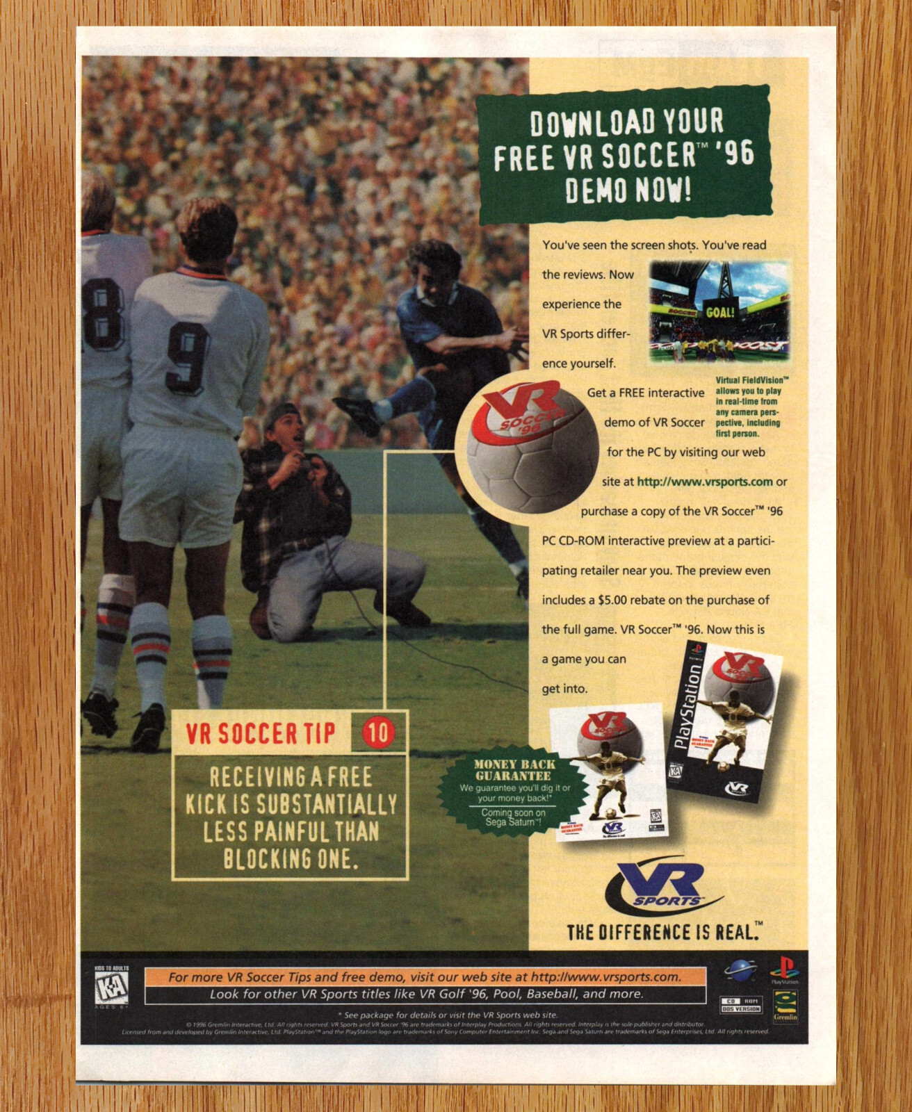 VR Soccer VR Sports Football PS - Video Game Print Ad / Poster Promo Art 1996