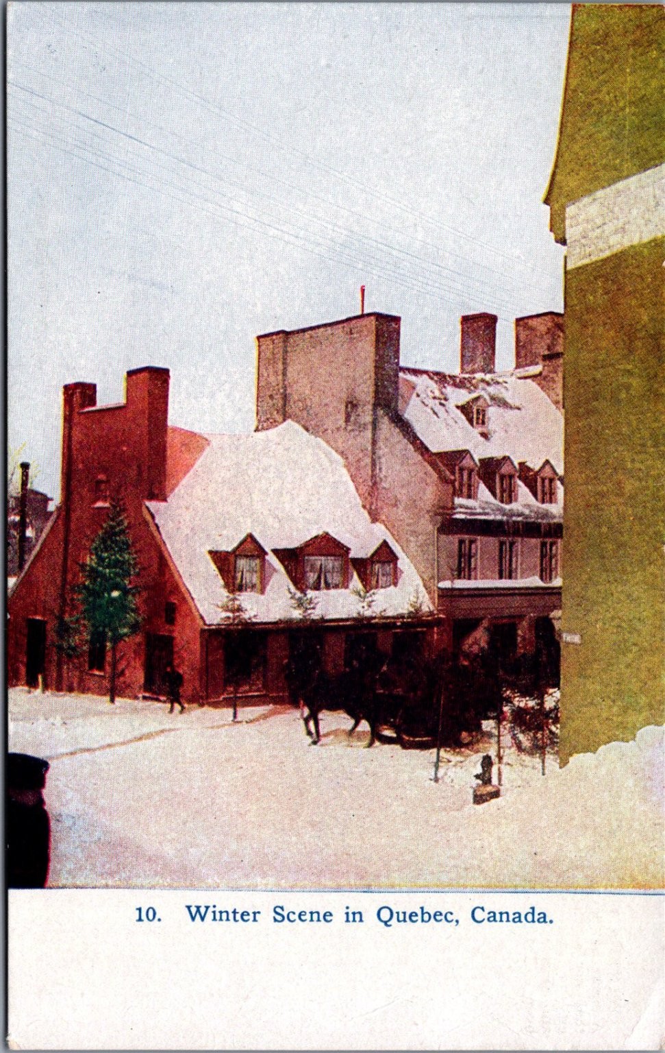 Quebec Canada Winter Scene Postcard Horse Sleigh Old City Vintage c1910s