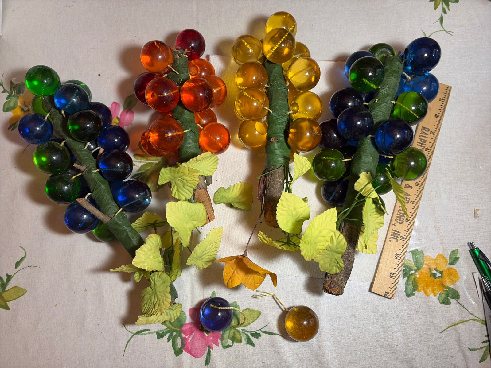 4 Vintage MCM Large Lucite Grapes Cluster On Wood Stems Blue Green Orange Yellow