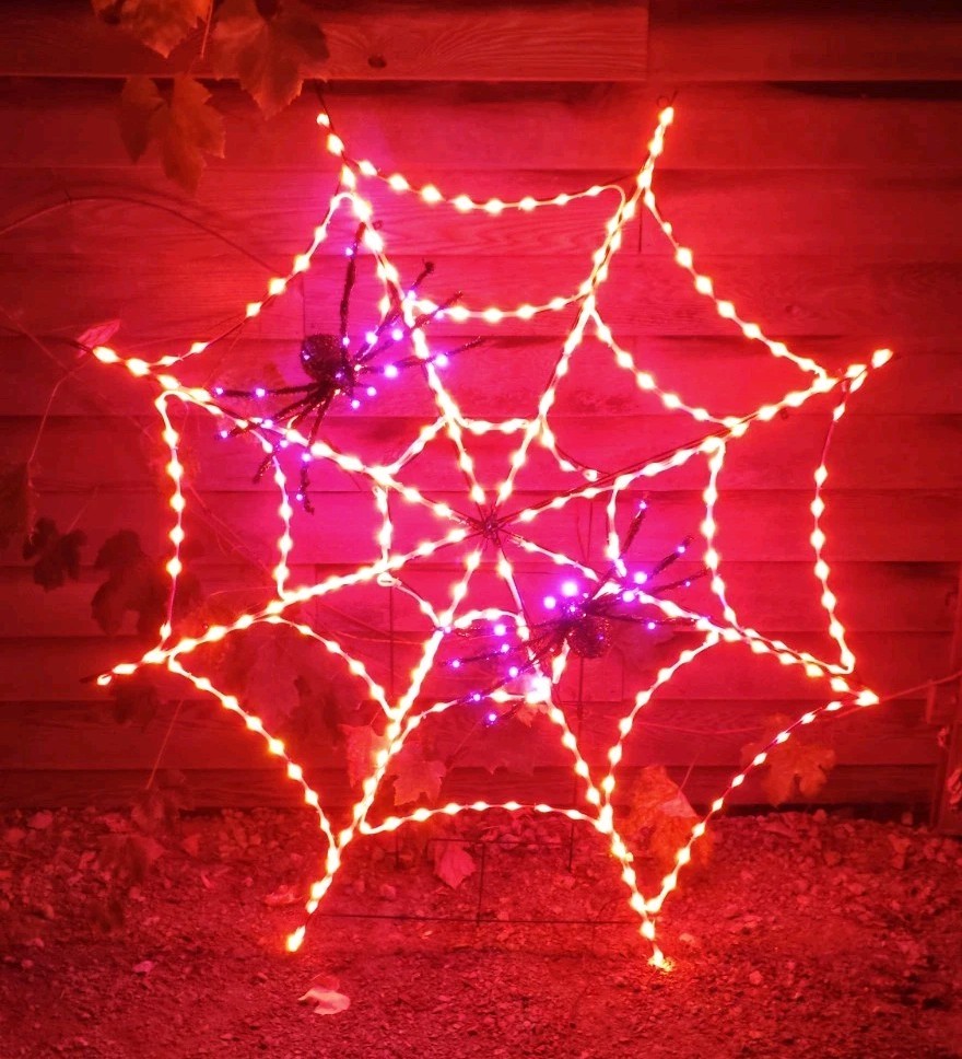 VTG 5ft LED Spider Web Halloween Lighted Decor Orange Purple Twinkling 2 Spiders