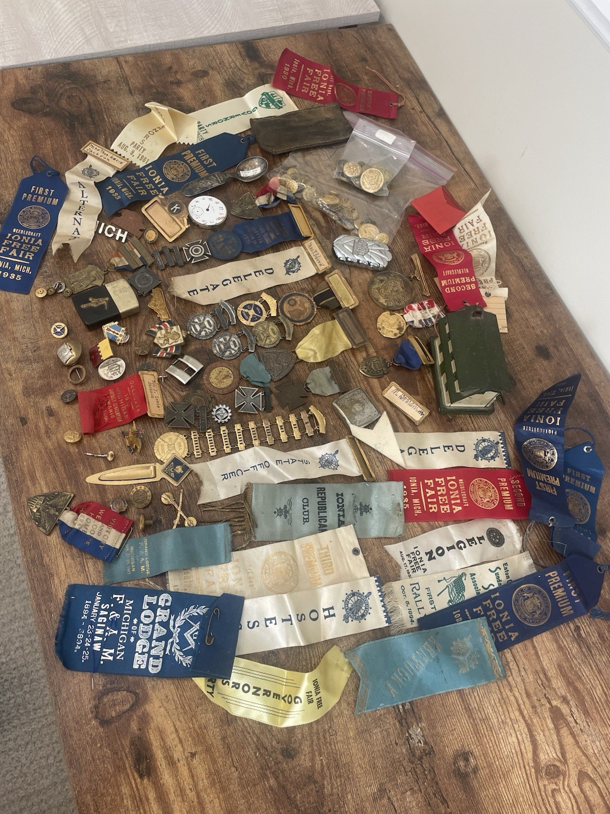 Large Junk Drawer Lot Miliary Medals, Masonic, Lighter, Metal Bank, Ribbons