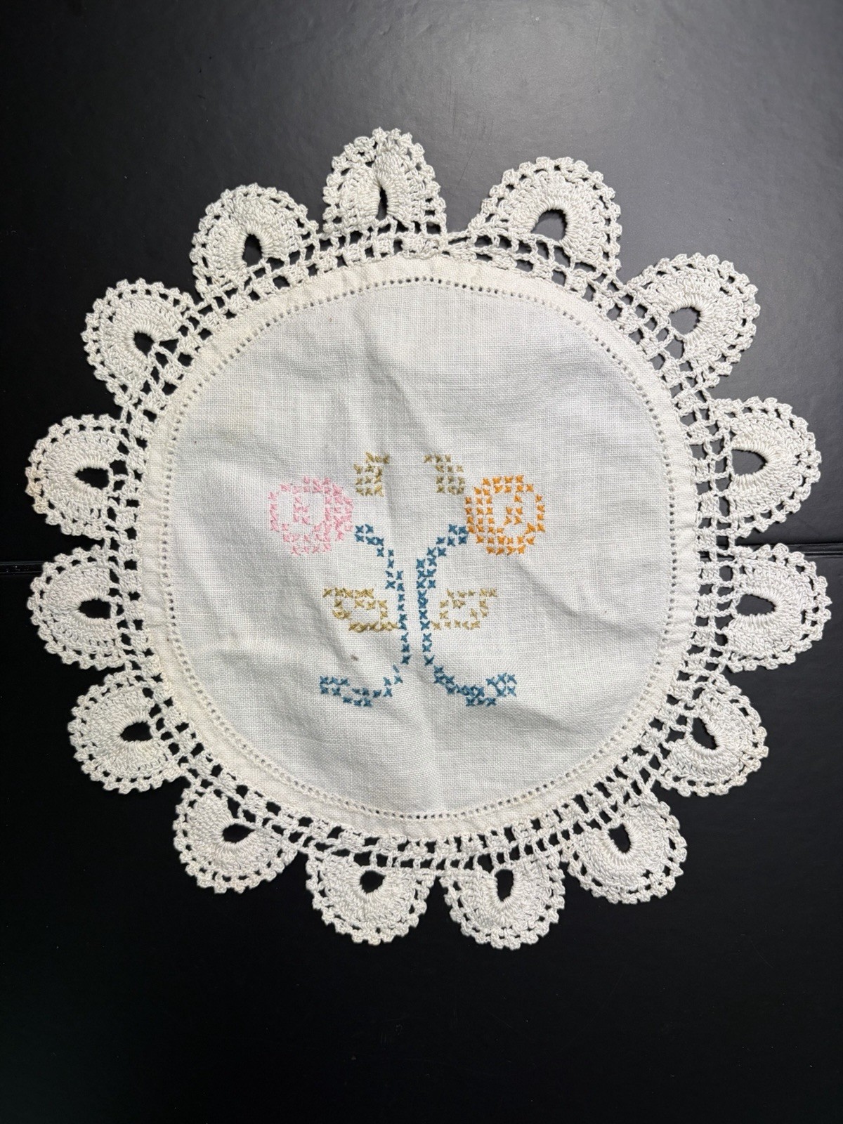 Vintage Handmade Cross Stitch Floral Doily 9” White Crochet Lace Round
