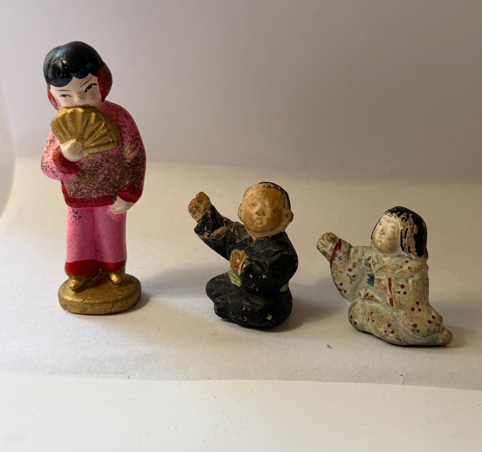 Vintage Hand-Painted Miniature Asian Ceramic or Clay Figurines- Lot of 3