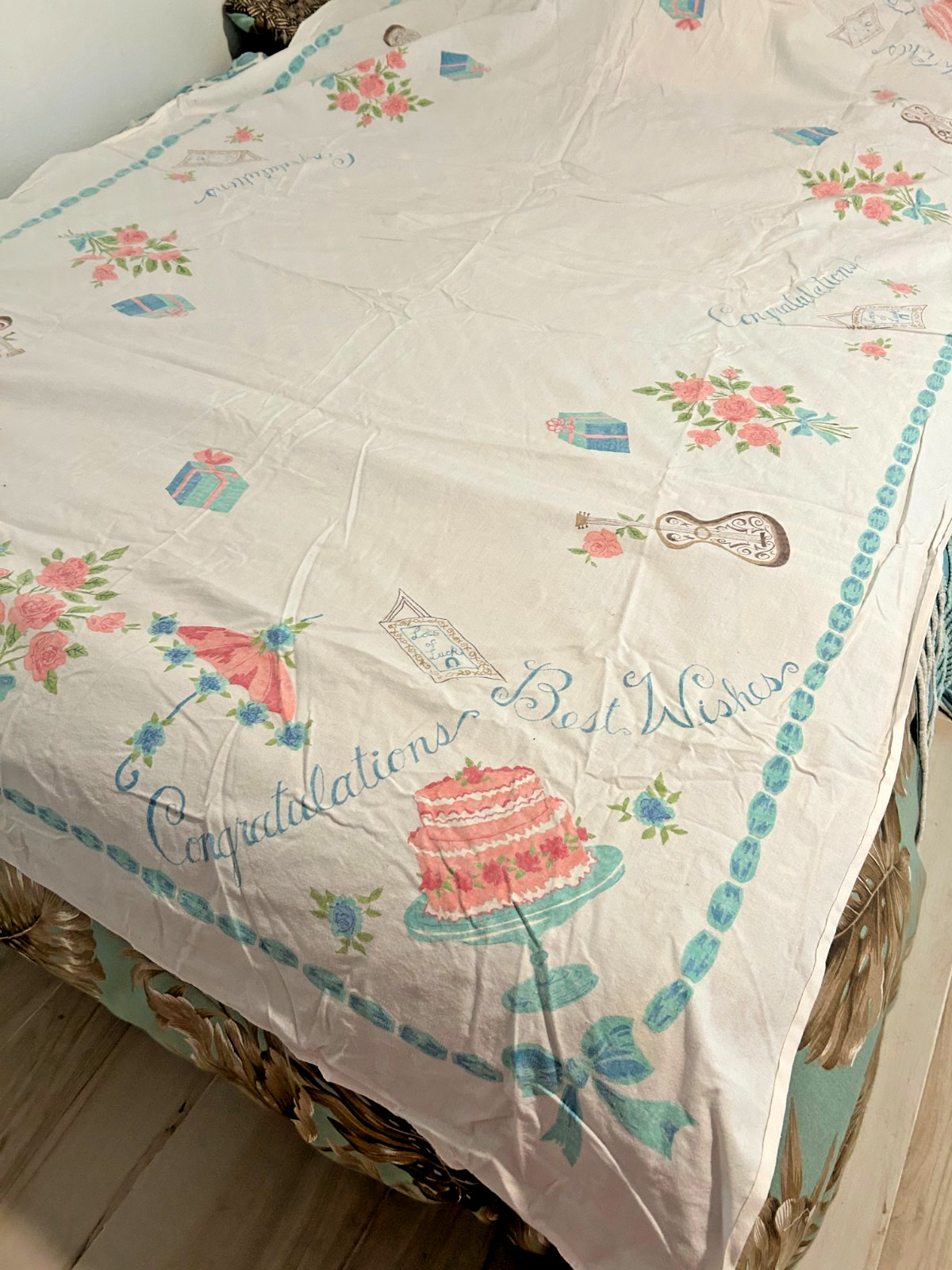Vintage Congratulations Best Wishes Tablecloth Wedding Bridal Shower Retro