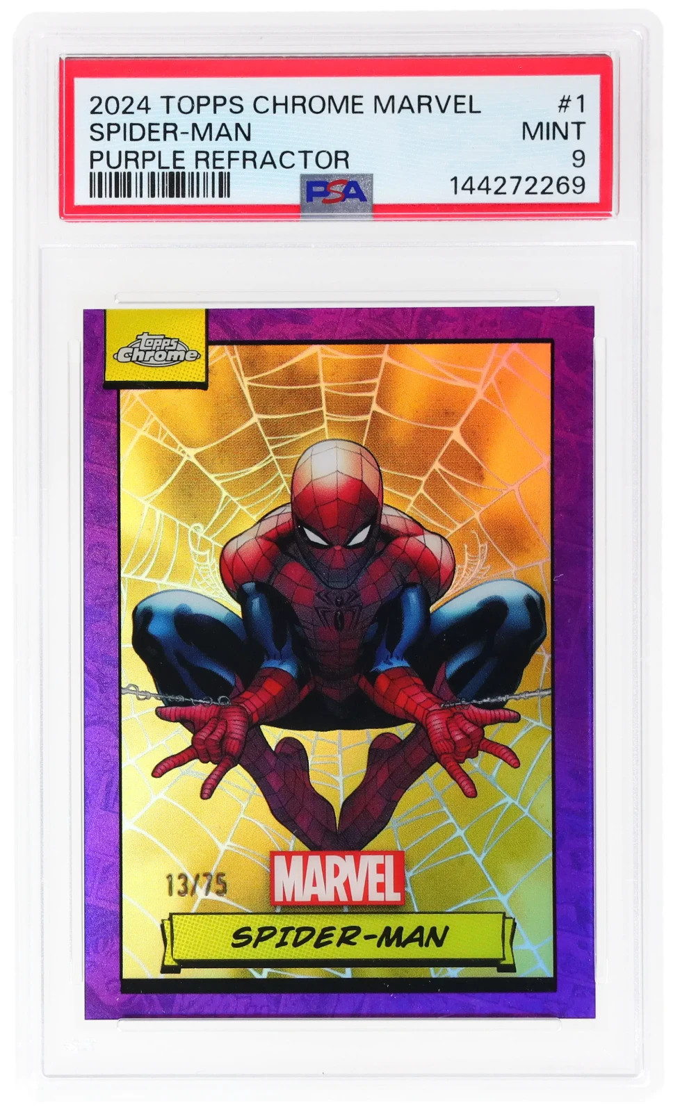 2024 Topps Chrome Marvel Purple Refractor #1 Spider-Man 13/75 PSA 9 POP 17